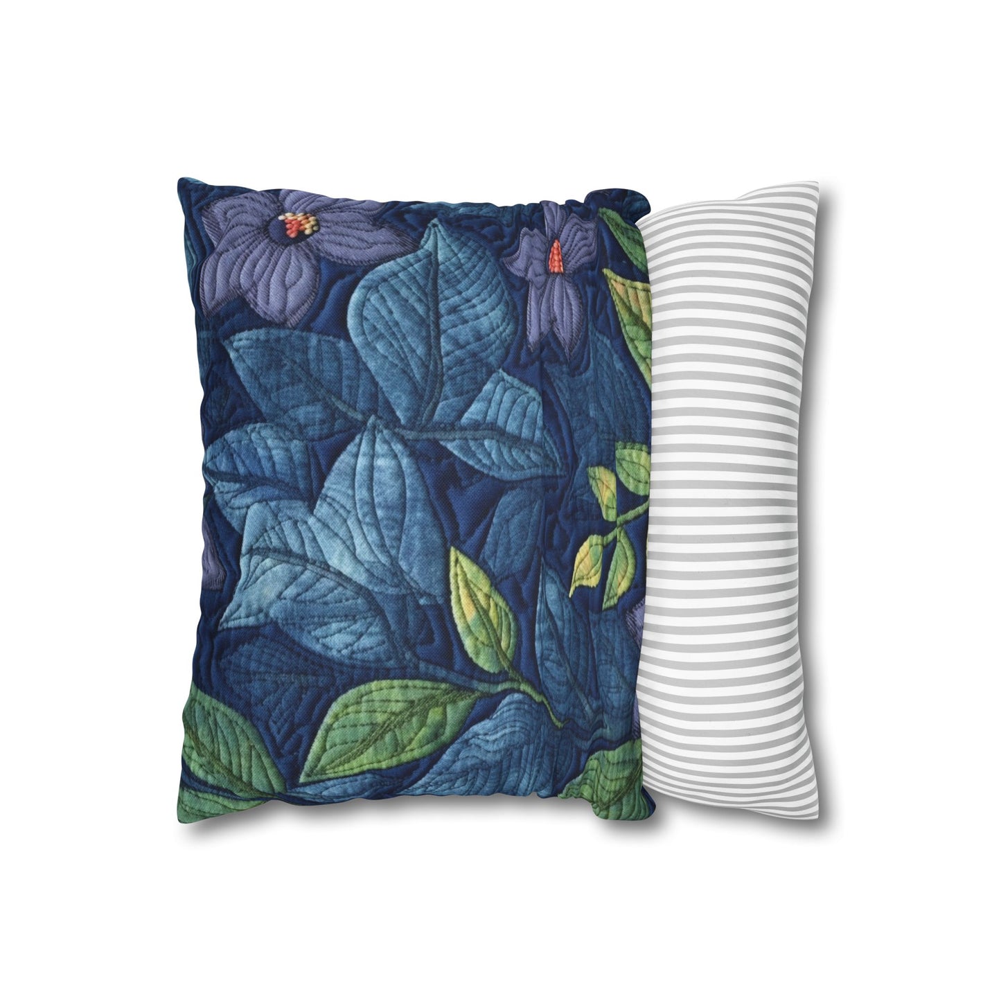 Floral Embroidery Blue: Denim-Inspired, Artisan-Crafted Flower Design - Spun Polyester Square Pillow Case