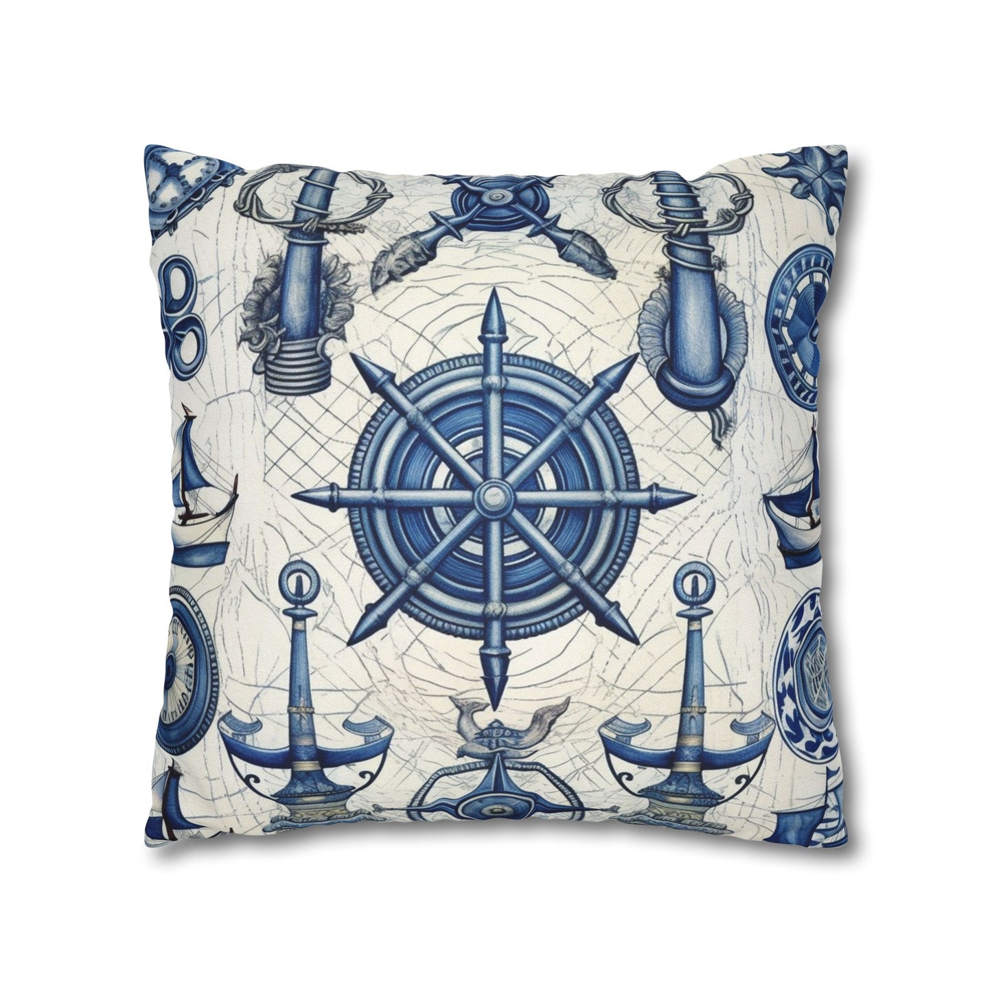 Nautical Theme Art - Anchors, Ropes, Compass Spun Polyester Square Pillow Case