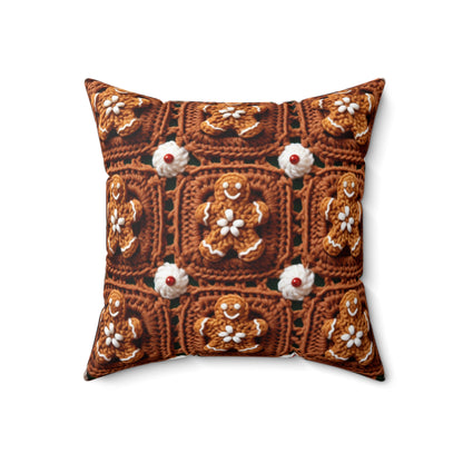 Gingerbread Man Crochet, Classic Christmas Cookie Design, Festive Yuletide Craft. Holiday Decor - Spun Polyester Square Pillow