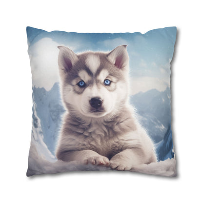 Husky Puppy Winter Wonder - Snowy Mountain Backdrop Spun Polyester Square Pillow Case