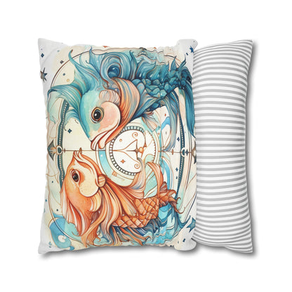 Pisces Zodiac Horoscope - Starry Watercolor & Ink, Hyper-Detailed Fish Spun Polyester Square Pillow Case