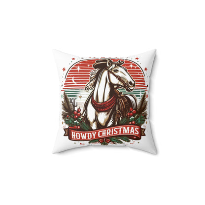 Countryside Christmas Greetings - Rustic Howdy Christmas with Holly-Adorned Horse and Sunset Backdrop - Spun Polyester Square Pillow