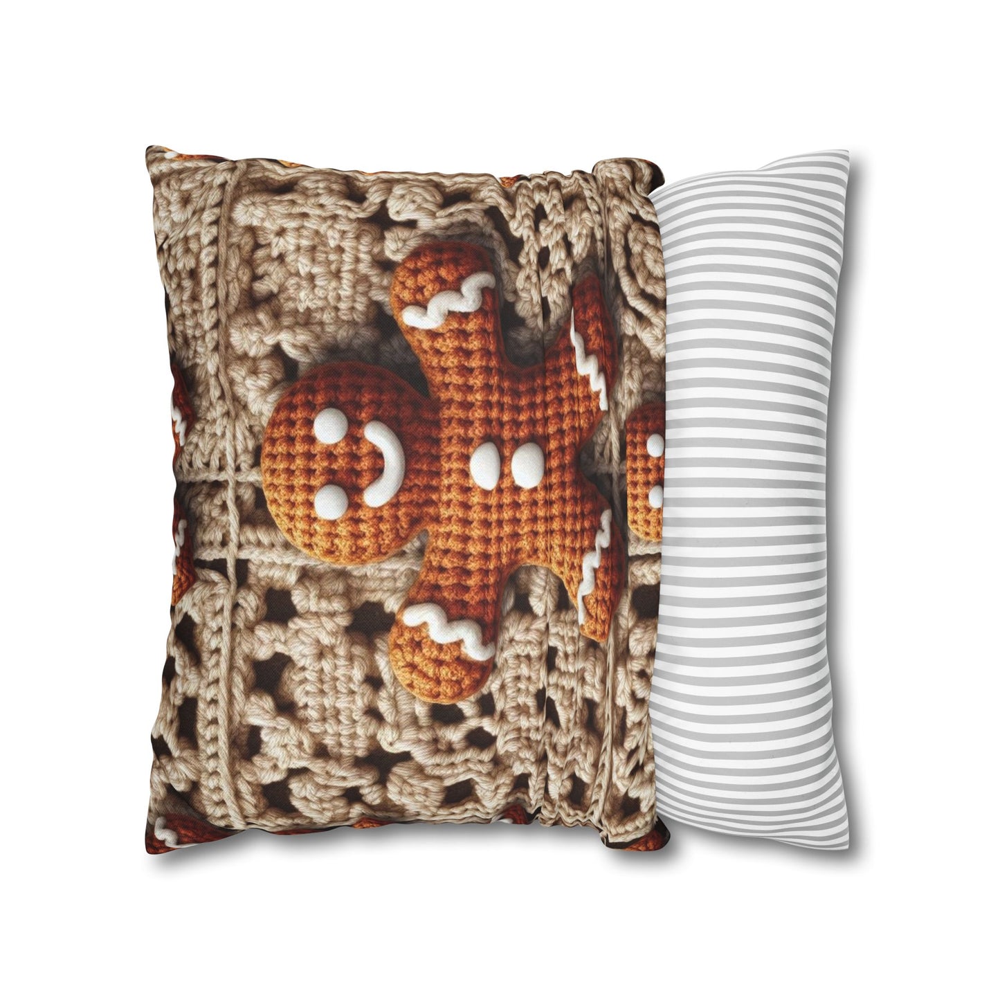 Rustic Gingerbread Delights: Christmas Crochet Gingerbread Men on Classic Beige Granny Squares - Spun Polyester Square Pillow Case