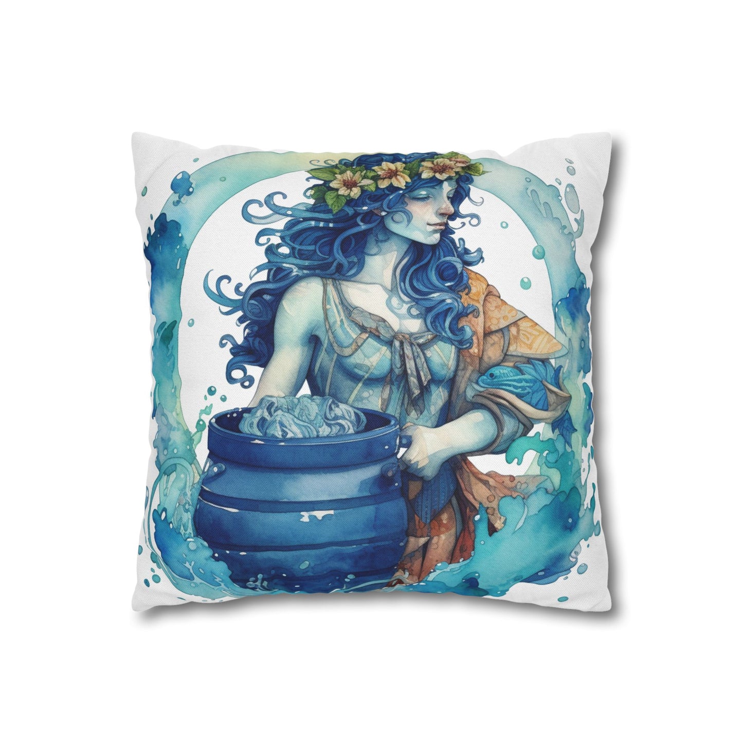 Artistic Aquarius Zodiac - Watercolor Water-Bearer Depiction - Spun Polyester Square Pillow Case