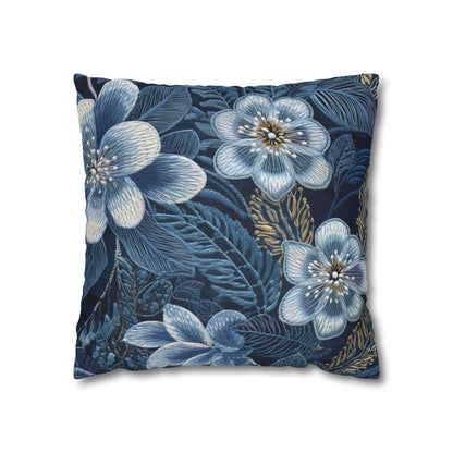 Flower Blossom Embroidery Floral on Denim Style - Spun Polyester Square Pillow Case