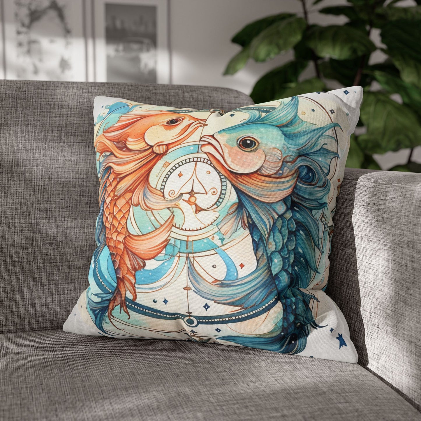 Pisces Zodiac Horoscope - Starry Watercolor & Ink, Hyper-Detailed Fish Spun Polyester Square Pillow Case