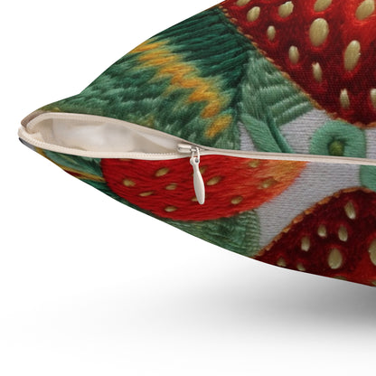 Berry Delight: Sun-Kissed Strawberries Fields Meet Embroidered Style Strawberry Patterns - Spun Polyester Square Pillow