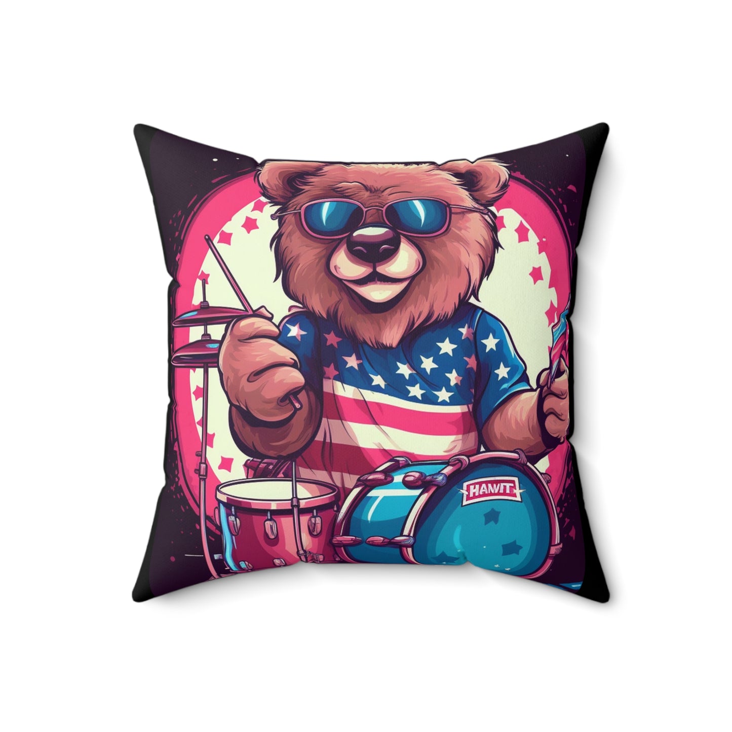 Drumroll for Freedom: Celebrate 4th of July with the Patriotic Bear's Rhythms Spun Polyester Square Pillow