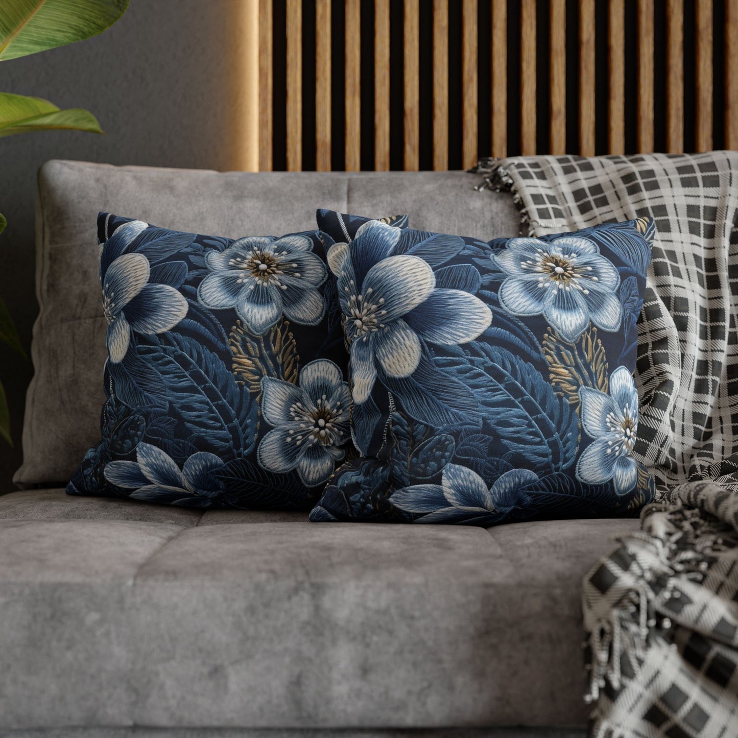 Flower Blossom Embroidery Floral on Denim Style - Spun Polyester Square Pillow Case