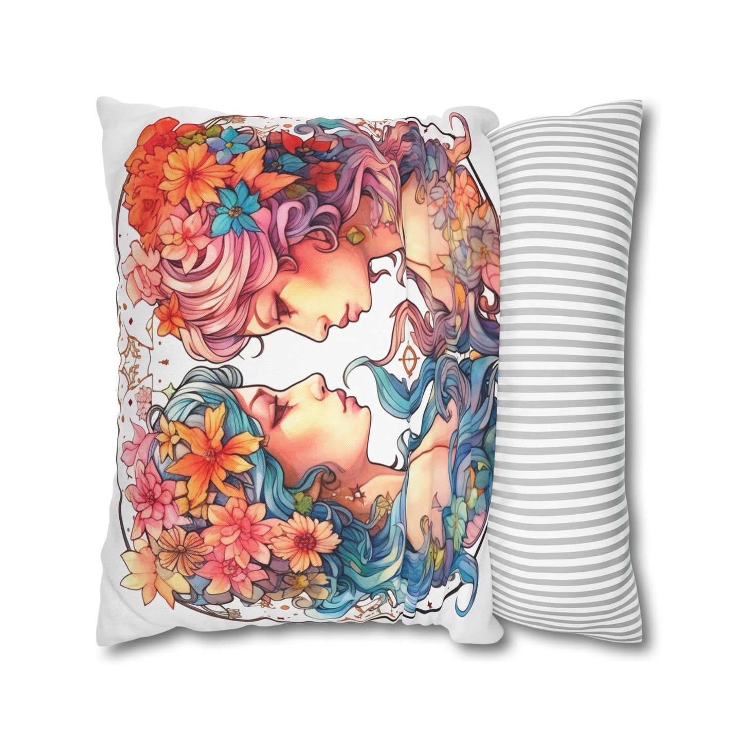 Zodiac Gemini Clipart - Twins Symbol, Whimsical Comic Style - Spun Polyester Square Pillow Case