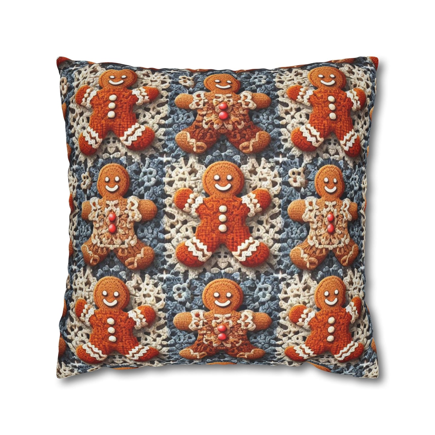 Gingerbread Joy: Whimsical Crocheted Gingerbread Men Pattern with Festive Christmas Accents - Spun Polyester Square Pillow Case