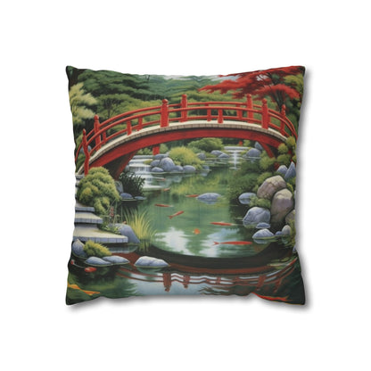 Japanese Garden Art - Tranquil Koi Pond Red Bridge Spun Polyester Square Pillow Case