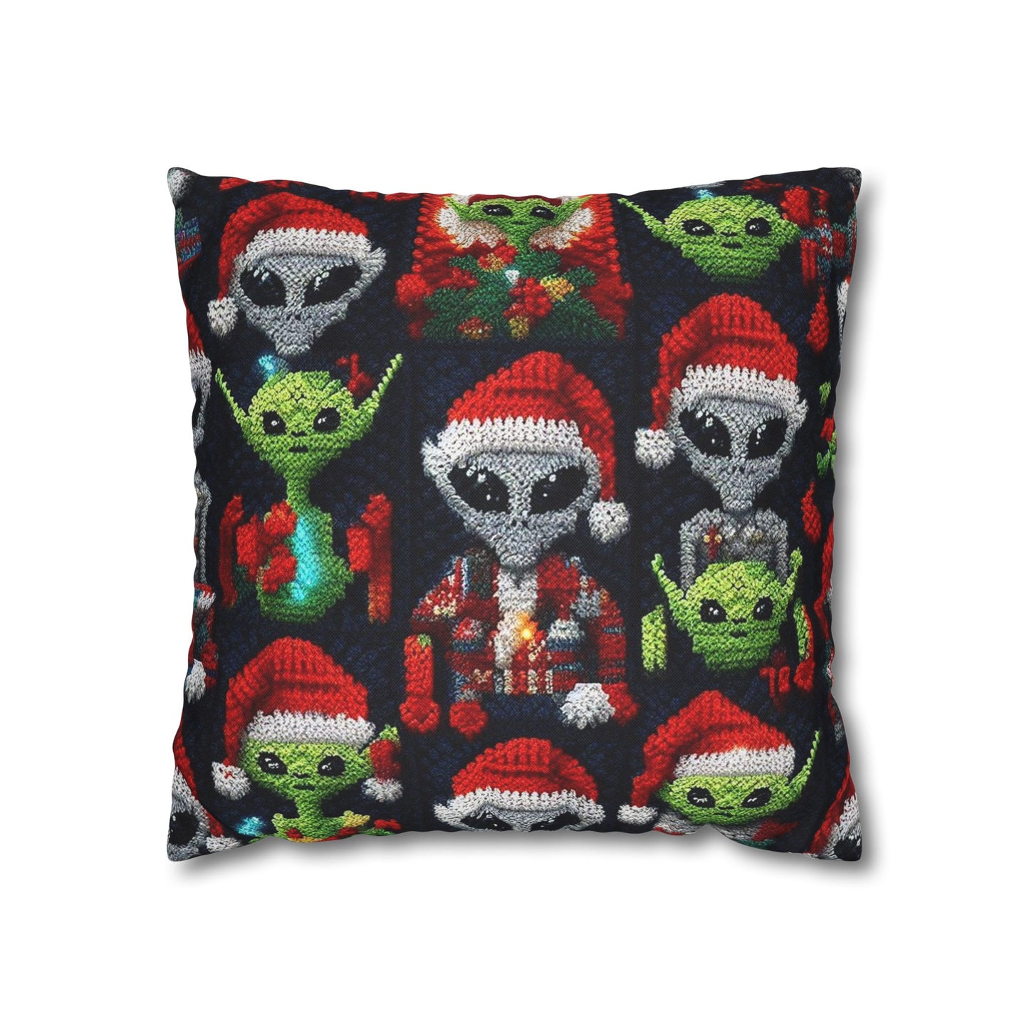 Festive Alien Invasion: Intergalactic Christmas Holiday Cheer with Santa Hats and Seasonal Gifts Crochet Pattern - Spun Polyester Square Pillow Case