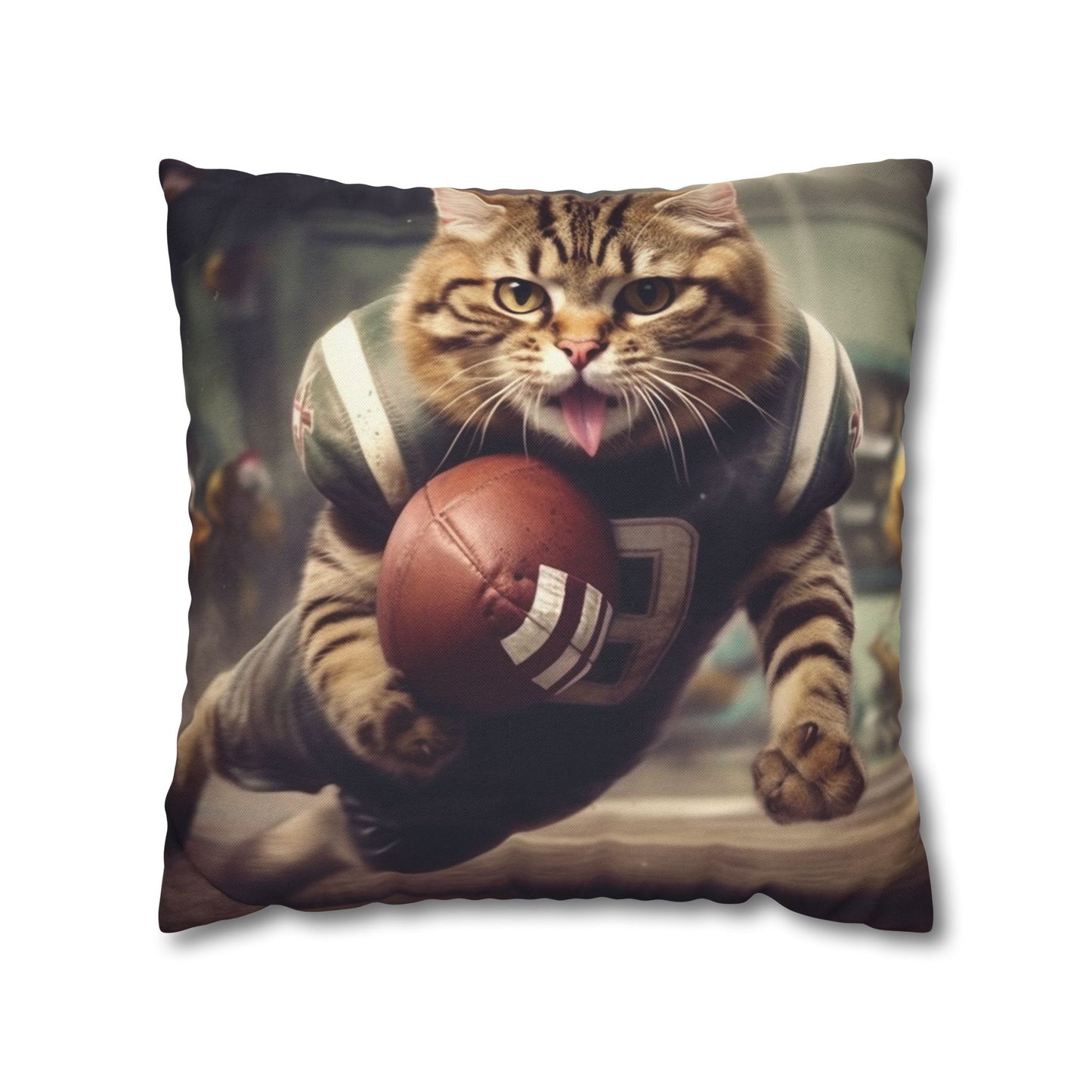 Football Field Felines: Kitty Cats in Sport Tackling Scoring Game Position - Spun Polyester Square Pillow Case