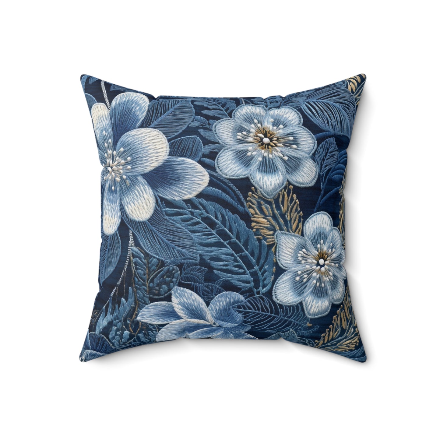 Flower Blossom Embroidery Floral on Denim Style - Spun Polyester Square Pillow