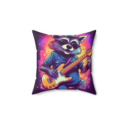 Furry Raccoon Guitarist - Rock Star Animal Music Decor Spun Polyester Square Pillow