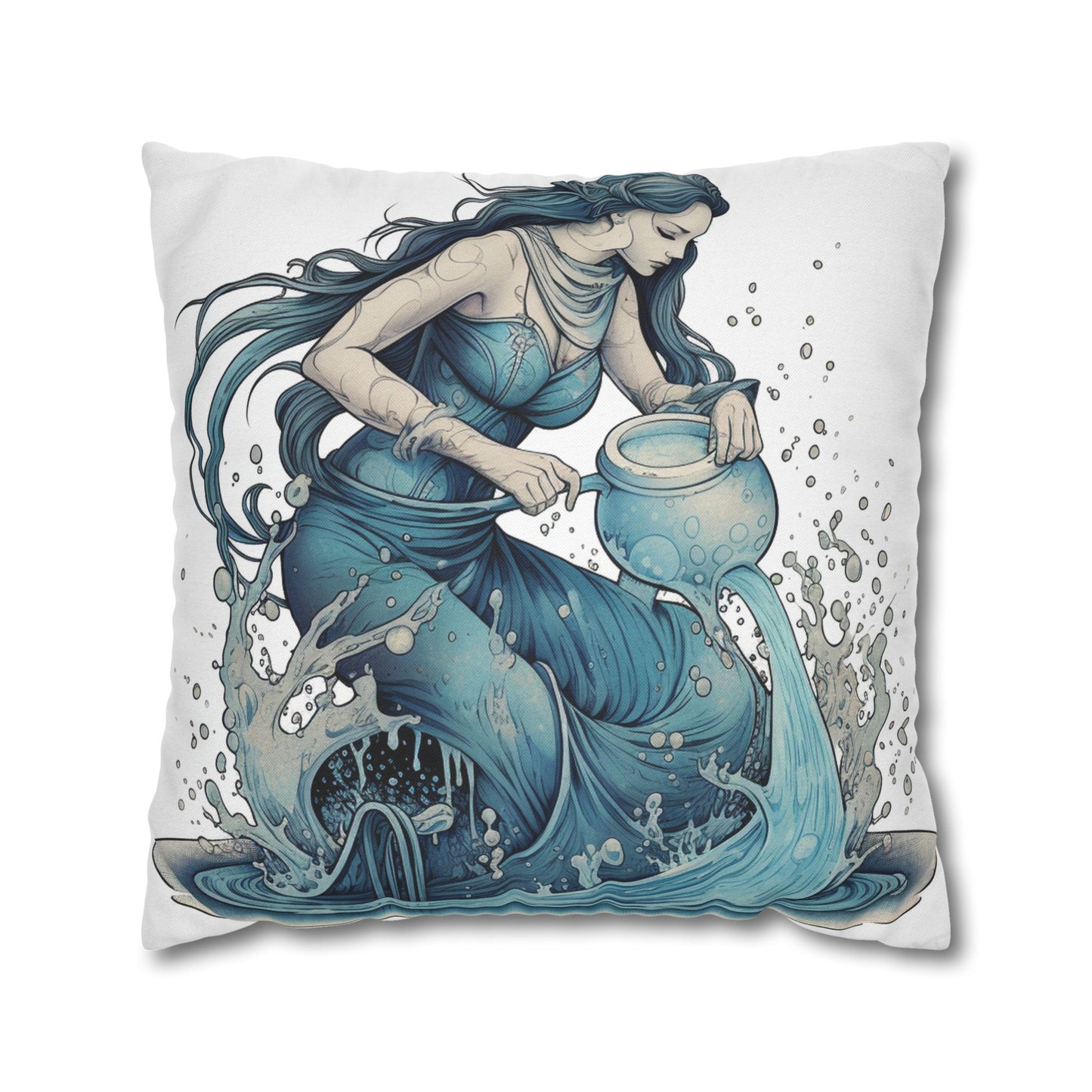 Aquarius Zodiac Symbol - Girl Pouring Water, Hand-Drawn Style - Spun Polyester Square Pillow Case