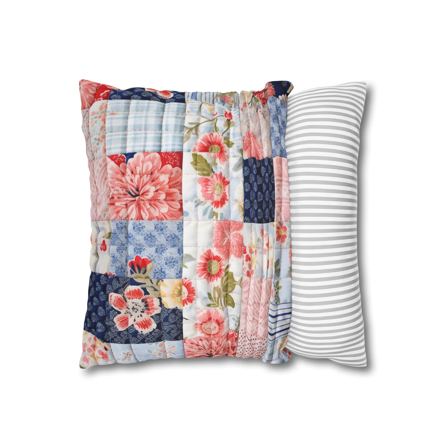 Floral Harmony Quilt, Blossom Patchwork, Blue and Pink Quilted Patterns, Garden Quilt, Soft Pastel Quilting Squares Design - Spun Polyester Square Pillow Case