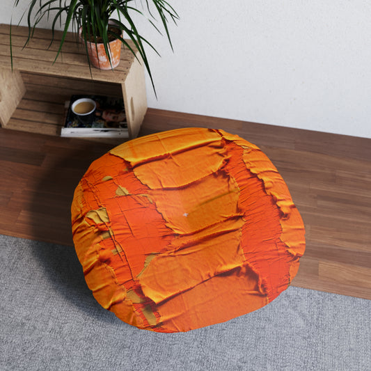 Fiery Citrus Orange: Edgy Distressed, Denim-Inspired Fabric - Tufted Floor Pillow, Round