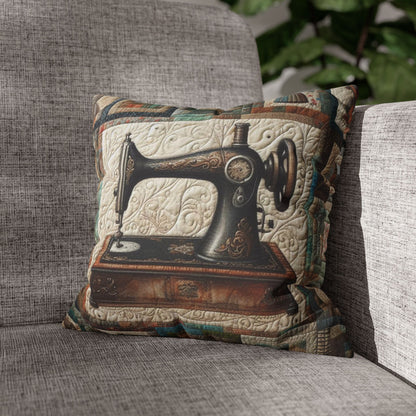 Quilted Sewing Machine, Tailor Craft Patchwork, Heirloom Textile Art - Spun Polyester Square Pillow Case