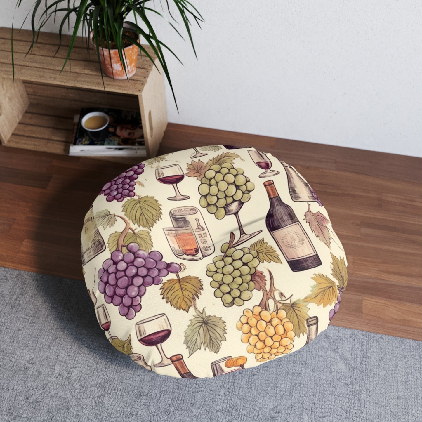 Wine Lovers Theme: Varieties of Wine, Grapes & Vineyards Design Tufted Floor Pillow, Round