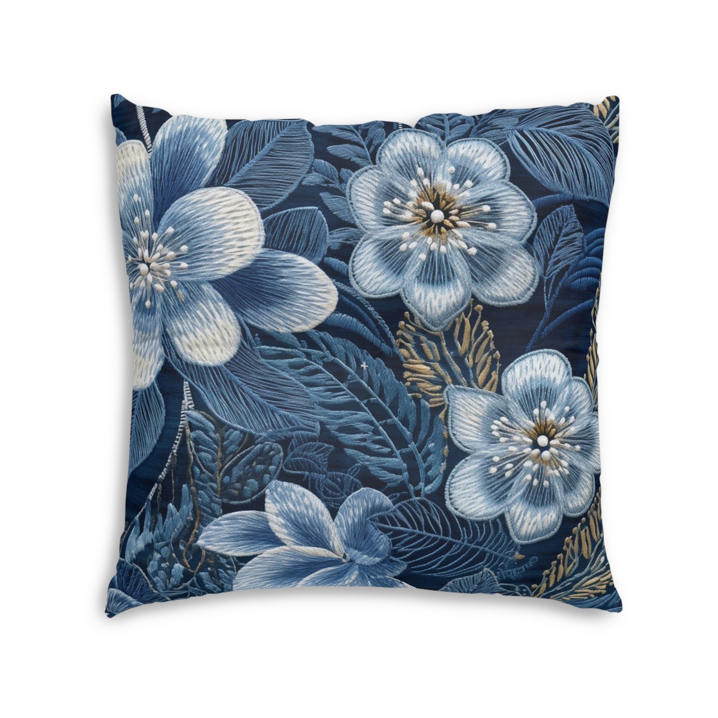 Flower Blossom Embroidery Floral on Denim Style - Tufted Floor Pillow, Square