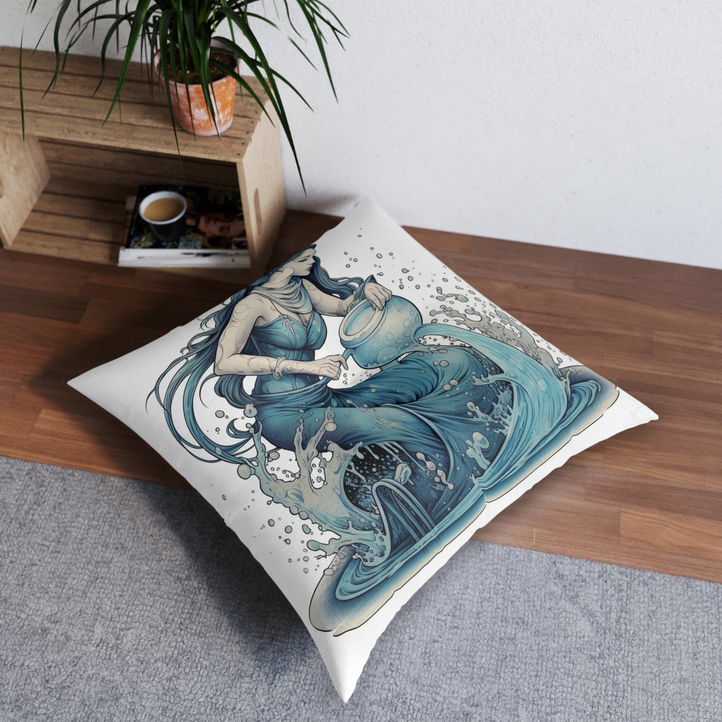 Aquarius Zodiac Symbol - Girl Pouring Water, Hand-Drawn Style - Tufted Floor Pillow, Square