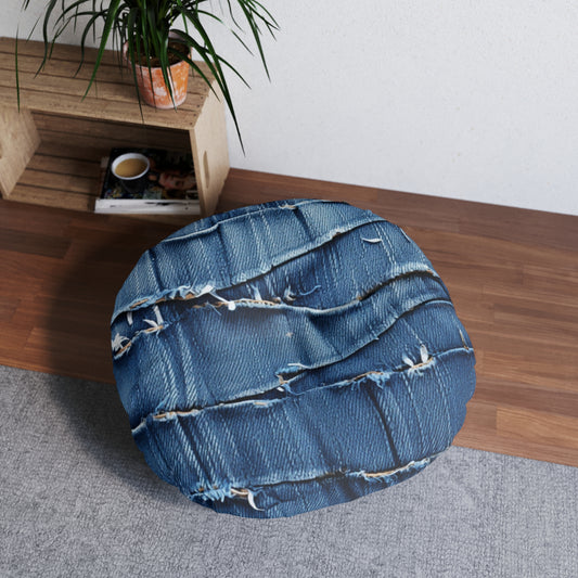 Midnight Blue Distressed Denim: Rugged, Torn & Stylish Design - Tufted Floor Pillow, Round