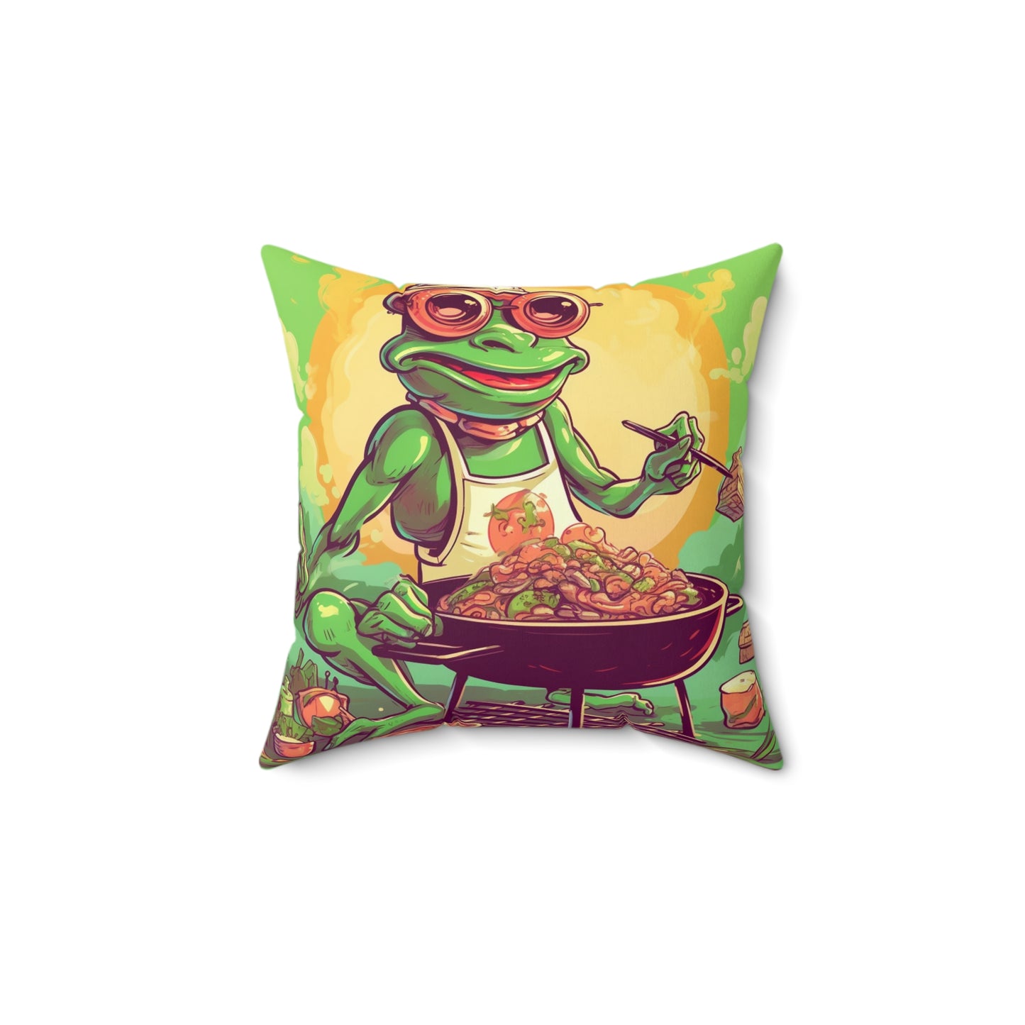 Frog BBQ Grilling Food Chef Graphic Spun Polyester Square Pillow