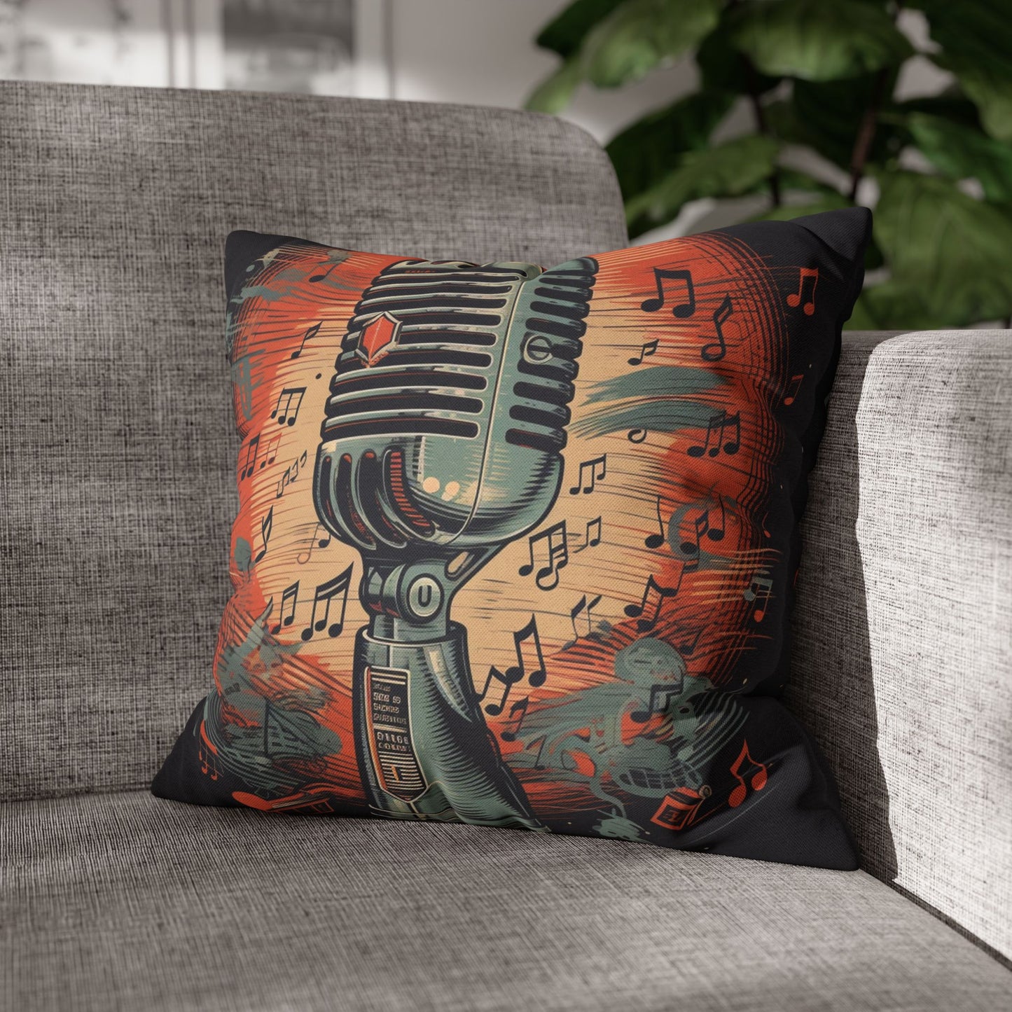 Retro Microphone & Music Notes - Vintage Style Design Spun Polyester Square Pillow Case