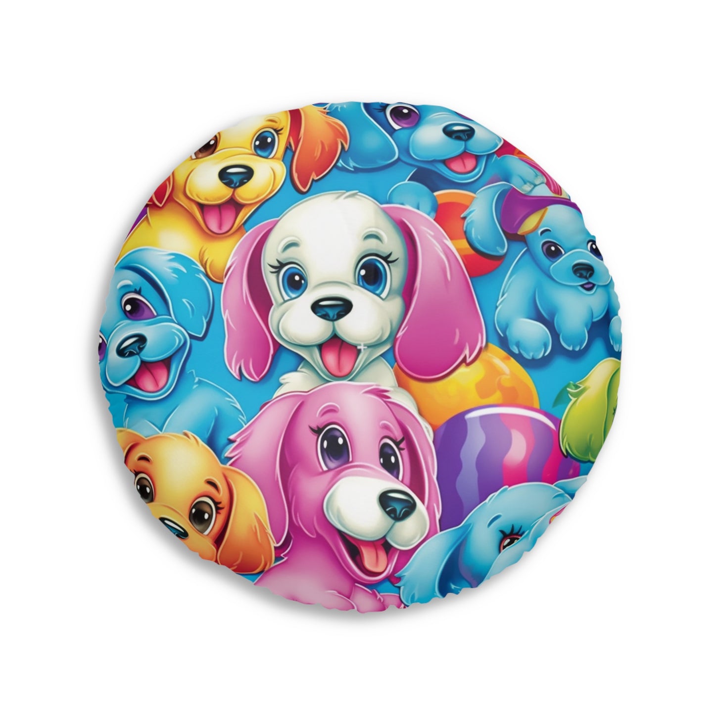 Happy Puppy & Dog Design - Vivid and Eye-Catching - Tufted Floor Pillow, Round