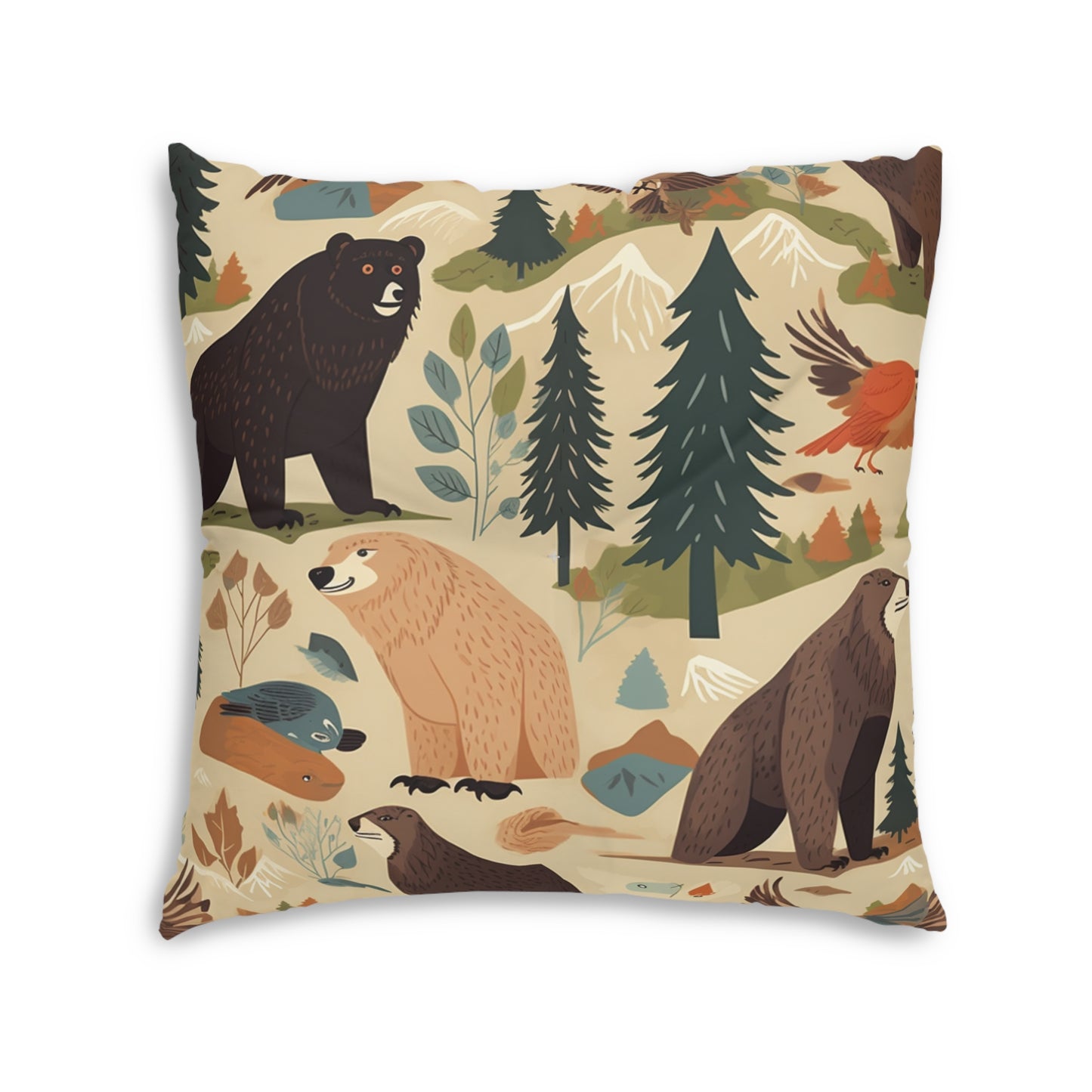 U.S. Wilderness Inspired: Grizzly Bears, Animals Pattern Tufted Floor Pillow, Square