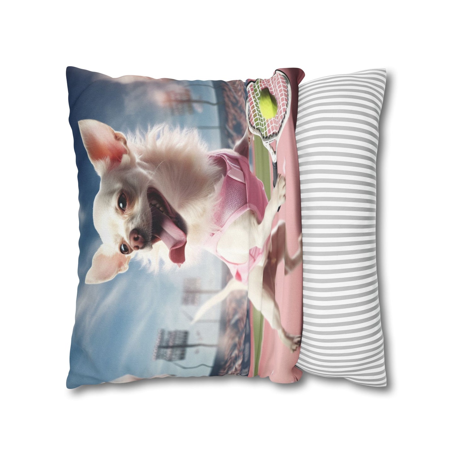 Chihuahua Tennis Ace: Dog Pink Outfit, Court Atheletic Sport Game - Spun Polyester Square Pillow Case