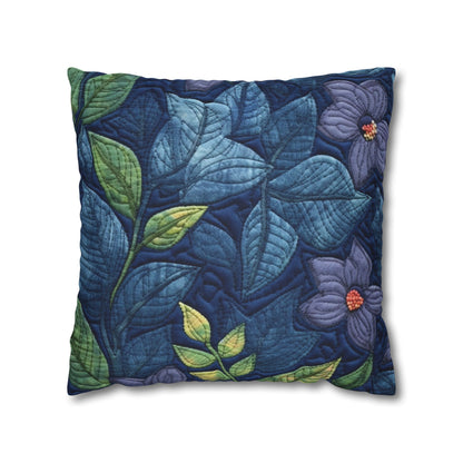 Floral Embroidery Blue: Denim-Inspired, Artisan-Crafted Flower Design - Spun Polyester Square Pillow Case