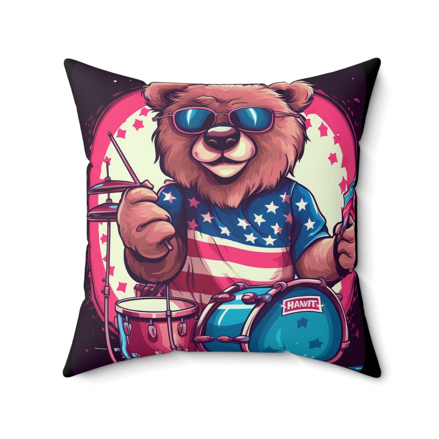 Drumroll for Freedom: Celebrate 4th of July with the Patriotic Bear's Rhythms Spun Polyester Square Pillow