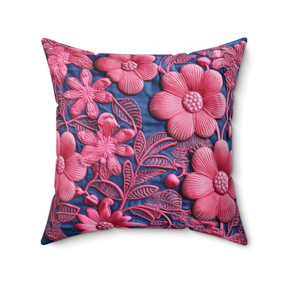 Denim Blue Doll Pink Floral Embroidery Style Fabric Flowers - Spun Polyester Square Pillow