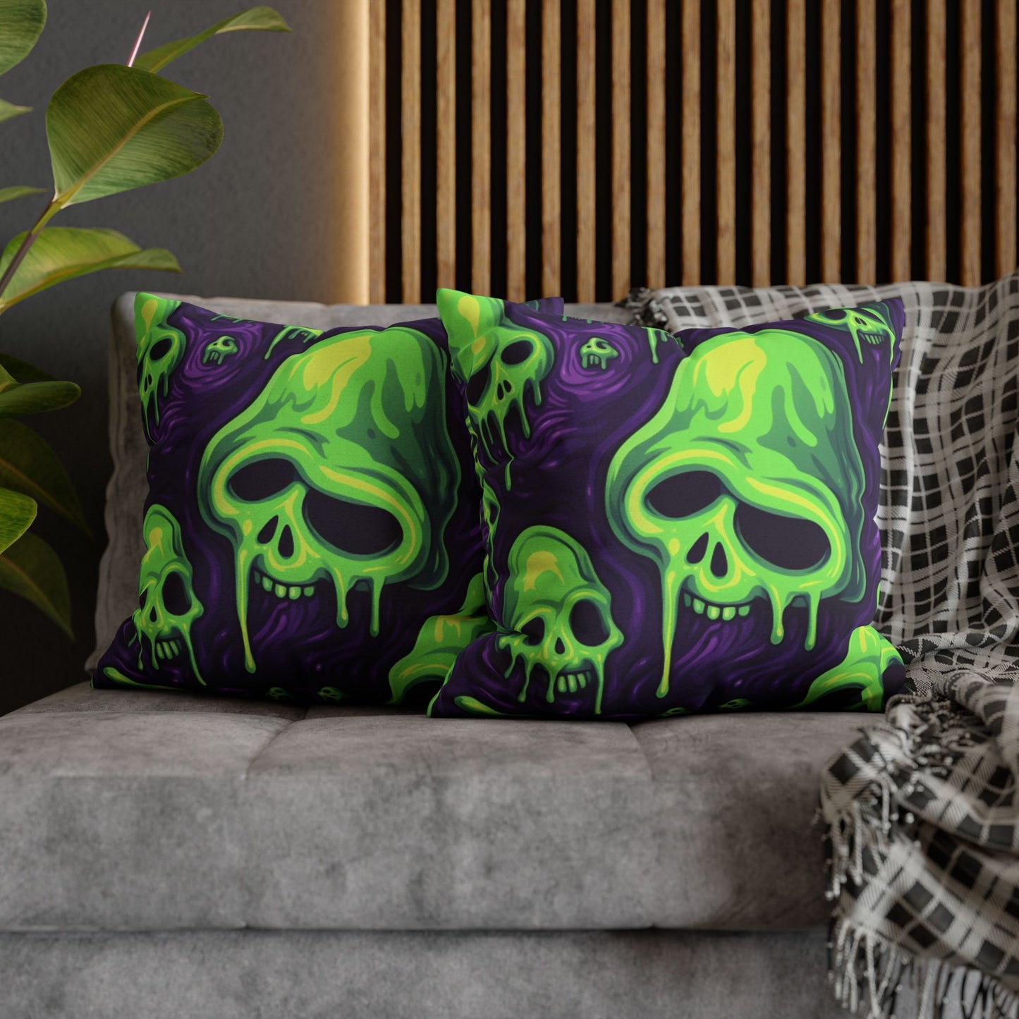 Halloween Slime Skull Green Skeletons Scary Horror Pattern - Spun Polyester Square Pillow Case