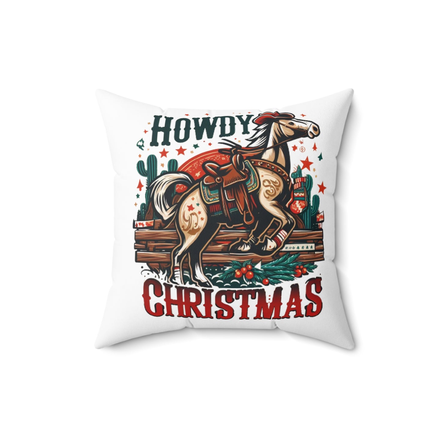 Old West Holiday Cheer - Cowboy Christmas with Festive Wreath and Star-Spangled Horse - Spun Polyester Square Pillow