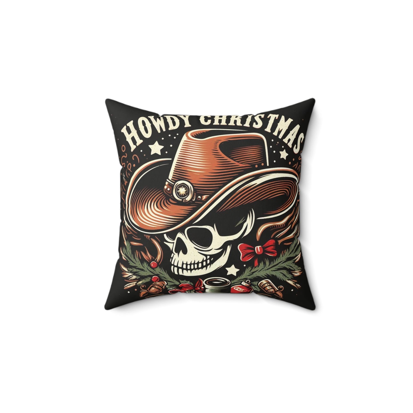 Spooky Western Holiday - Howdy Christmas with Cowboy Skull, Festive Hat & Seasonal Decor - Spun Polyester Square Pillow