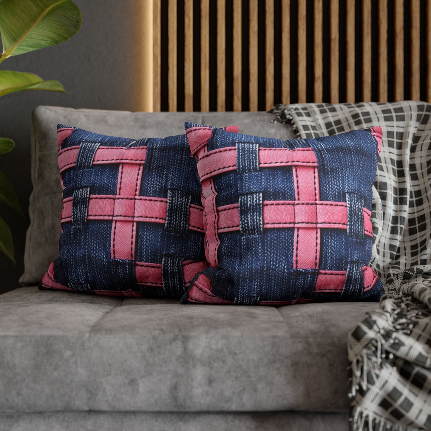 Candy-Striped Crossover: Pink Denim Ribbons Dancing on Blue Stage - Spun Polyester Square Pillow Case