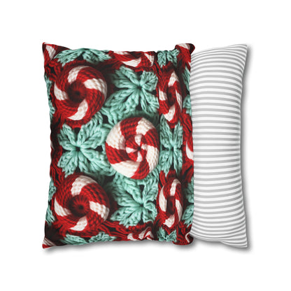 Christmas Crochet Candy Cane - Pepper Red Crystal White Holiday Pattern - Spun Polyester Square Pillow Case