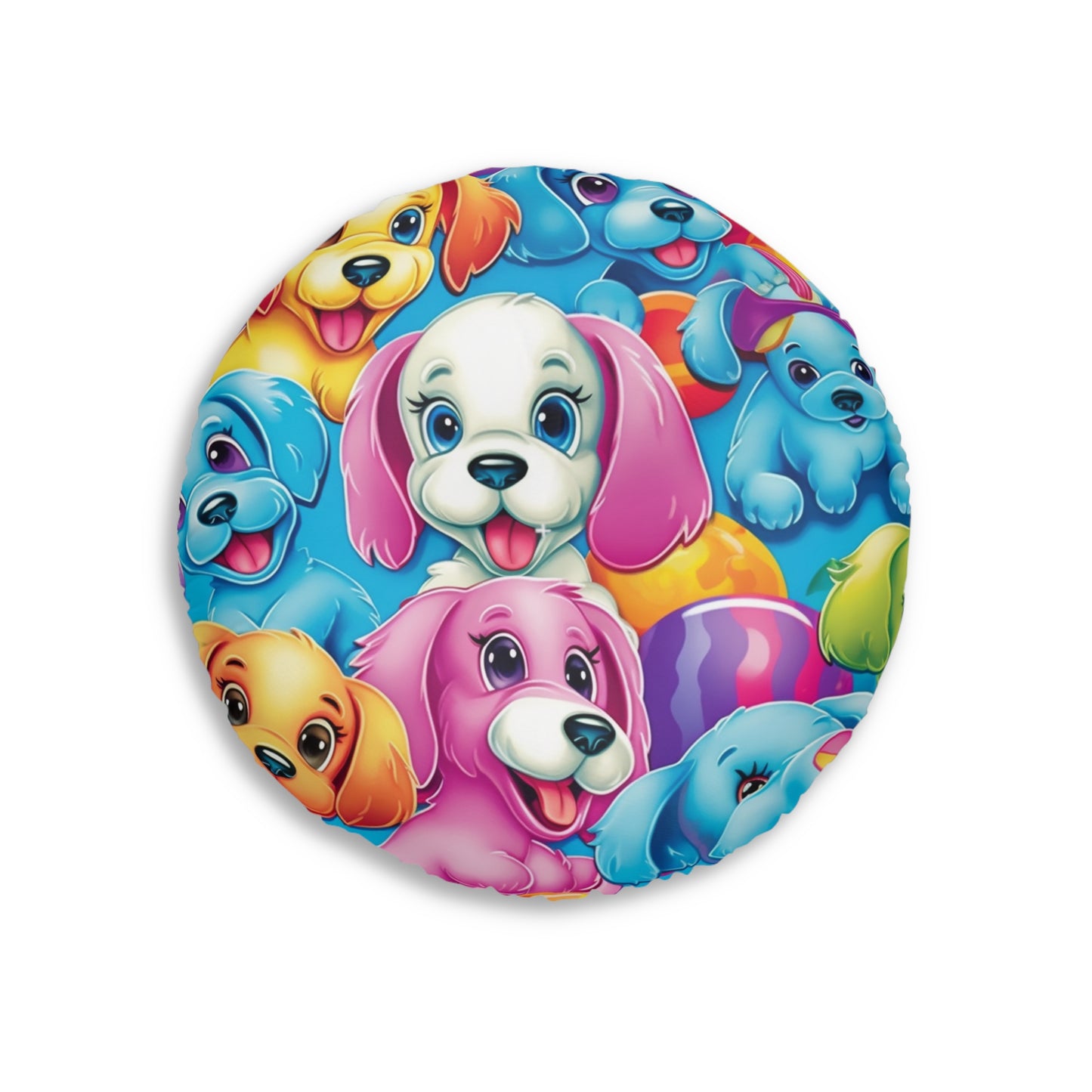 Happy Puppy & Dog Design - Vivid and Eye-Catching - Tufted Floor Pillow, Round