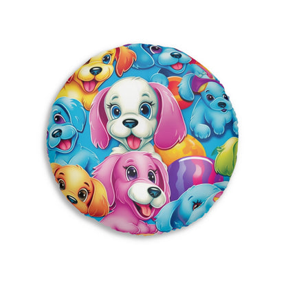 Happy Puppy & Dog Design - Vivid and Eye-Catching - Tufted Floor Pillow, Round