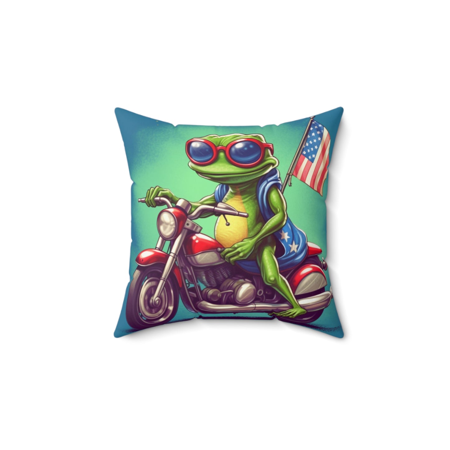 Frog Cartoon Anime USA Patriotic Motorcycle Rider Graphic Spun Polyester Square Pillow