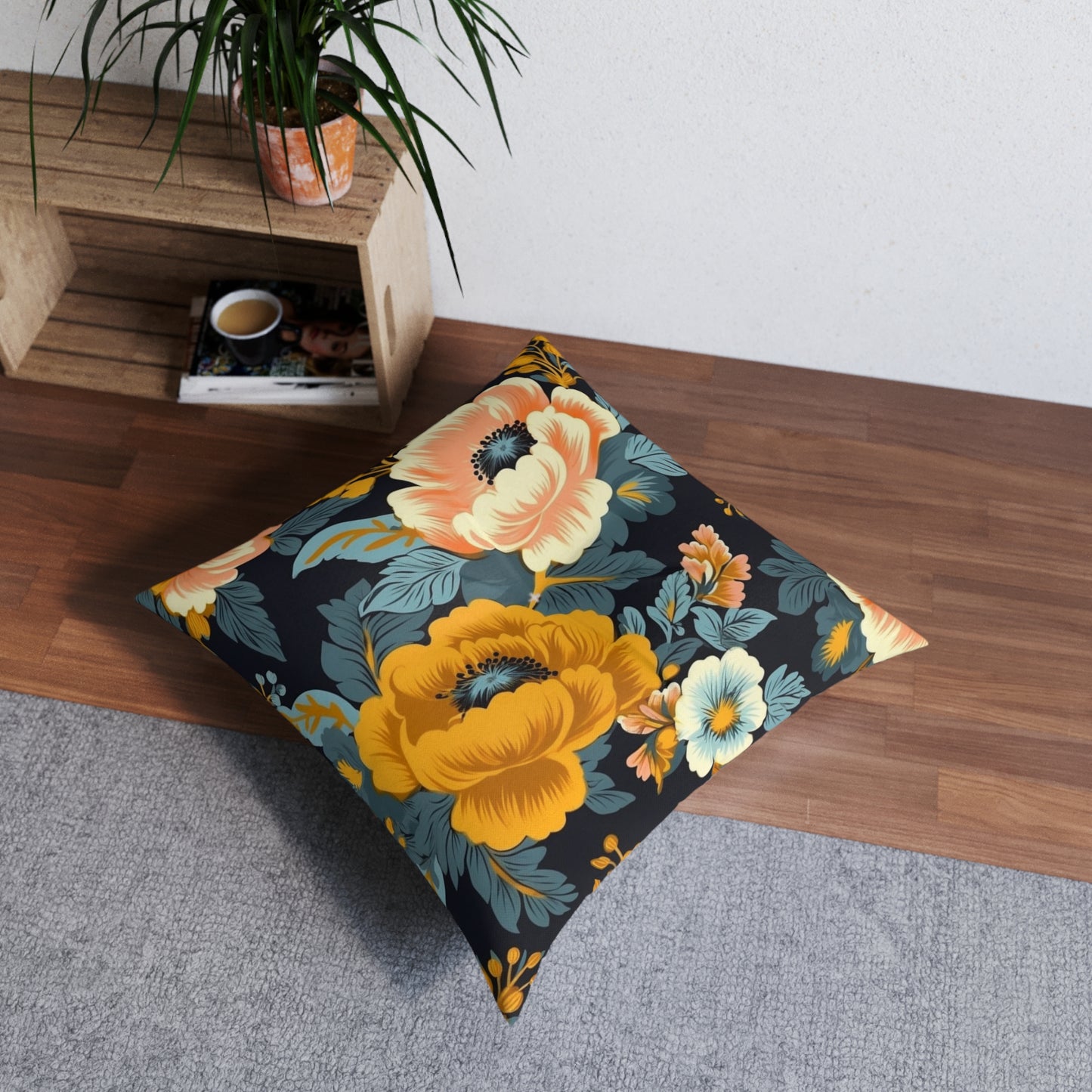 Vintage 50s 60s Inspired High-Waisted Floral Flower Pattern Tufted Floor Pillow, Square