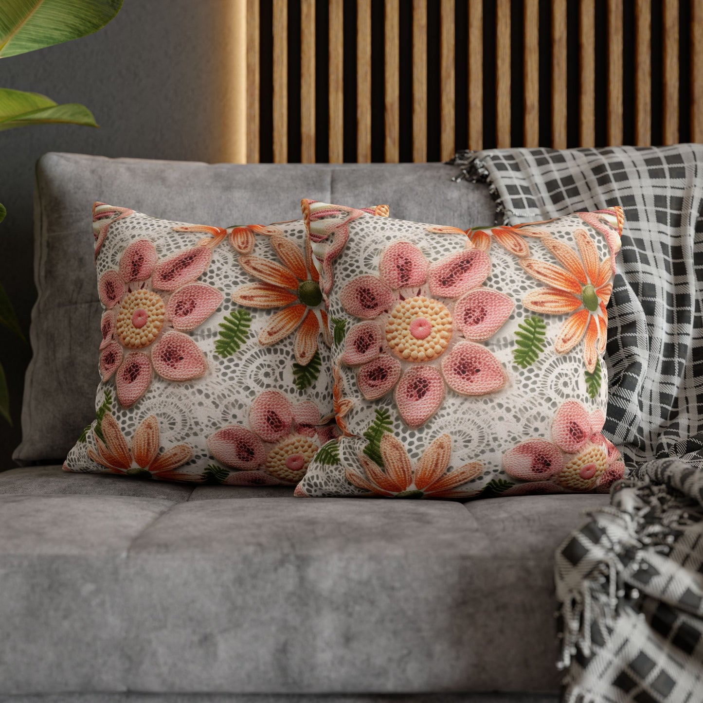 Floral Embroidered Eyelet: Delicate Flower Elegant Pattern - Spun Polyester Square Pillow Case