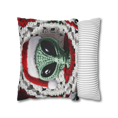 Santa's Cosmic Secret: Jolly Green Christmas Extraterrestrial with Festive Attire Crochet Art - Spun Polyester Square Pillow Case