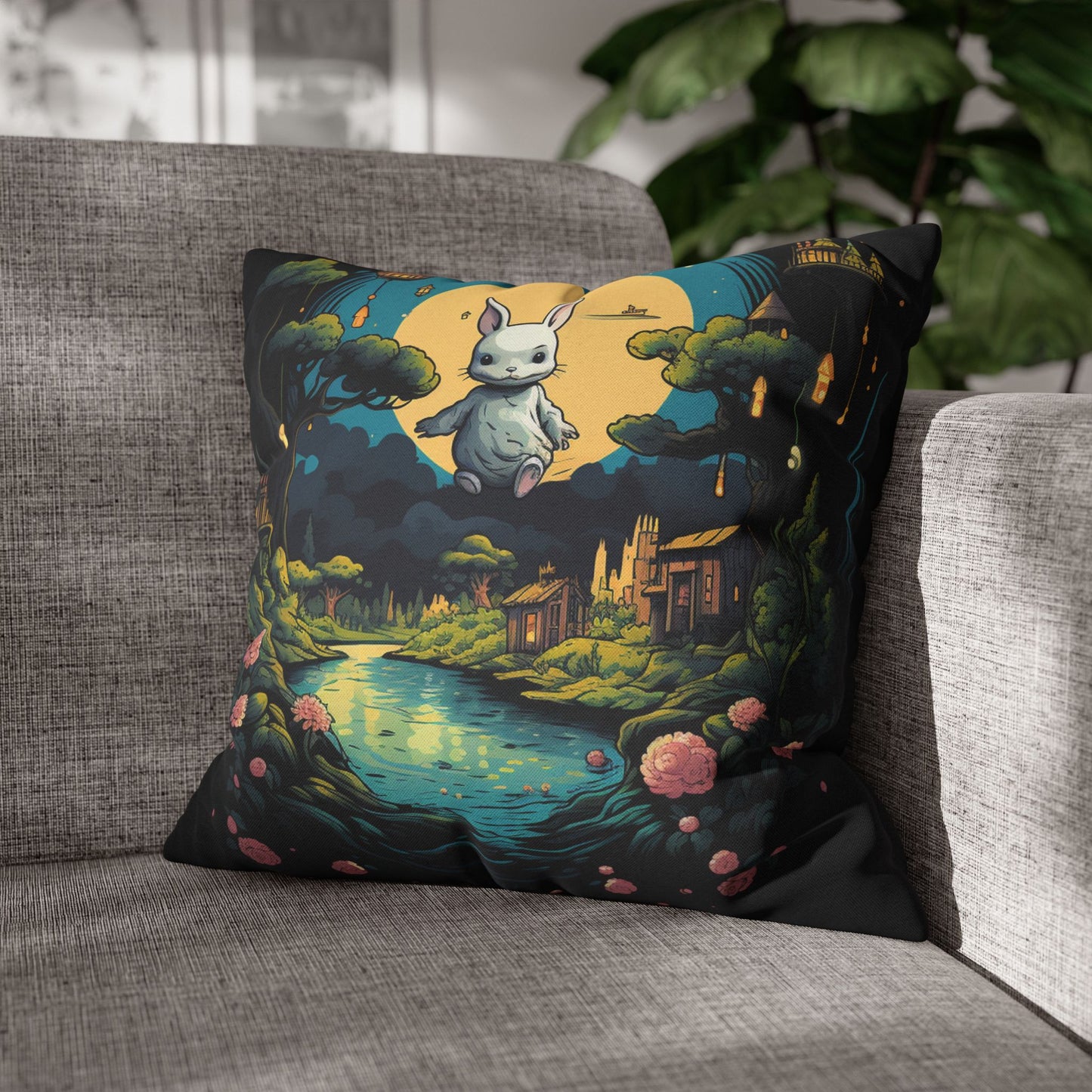 White Rabbit Mystery Psychedelic Fantasy Anime Cartoon Bunny - Spun Polyester Square Pillow Case