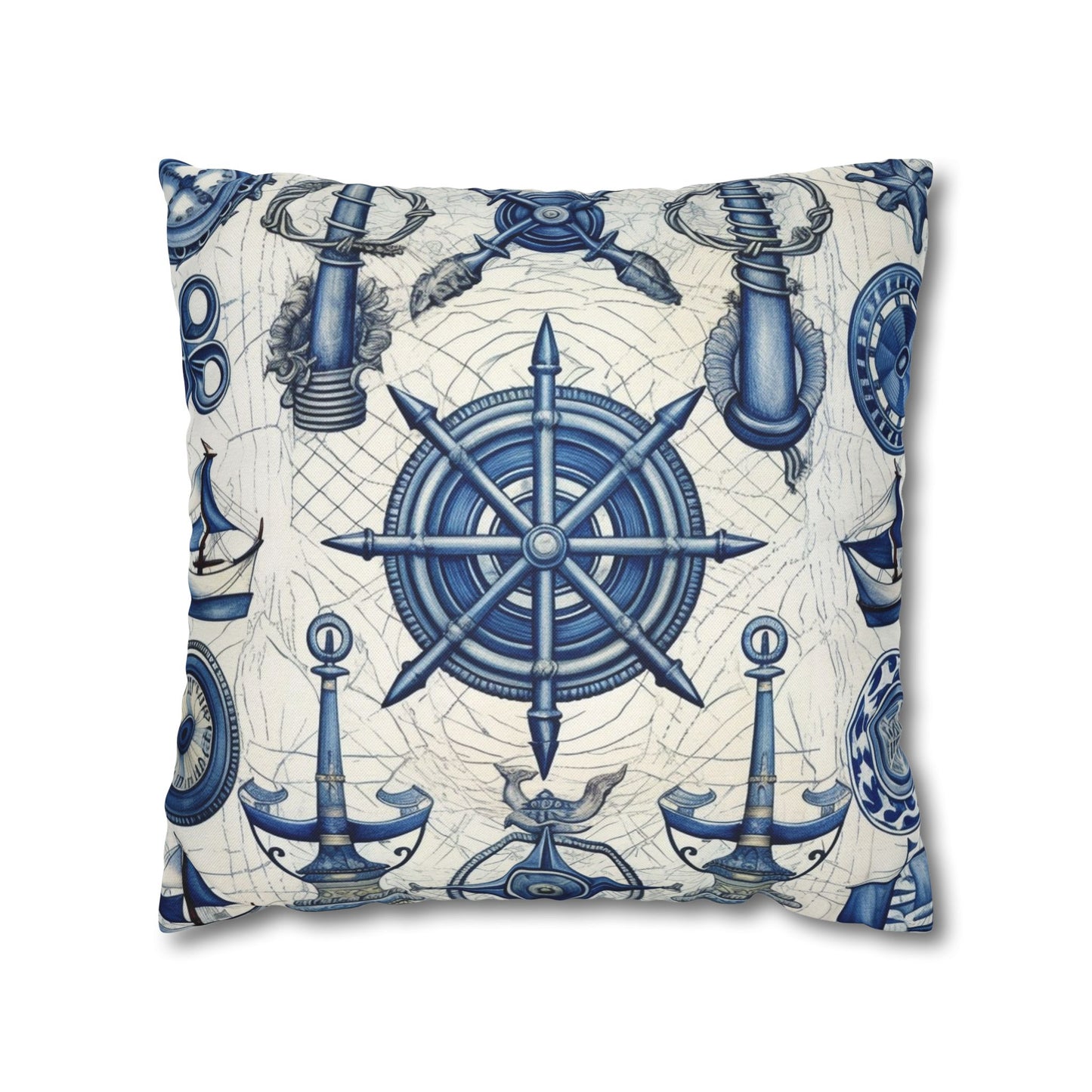 Nautical Theme Art - Anchors, Ropes, Compass Spun Polyester Square Pillow Case