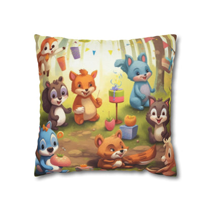 Nursery Art - Cartoon Forest Animals Party Design Spun Polyester Square Pillow Case